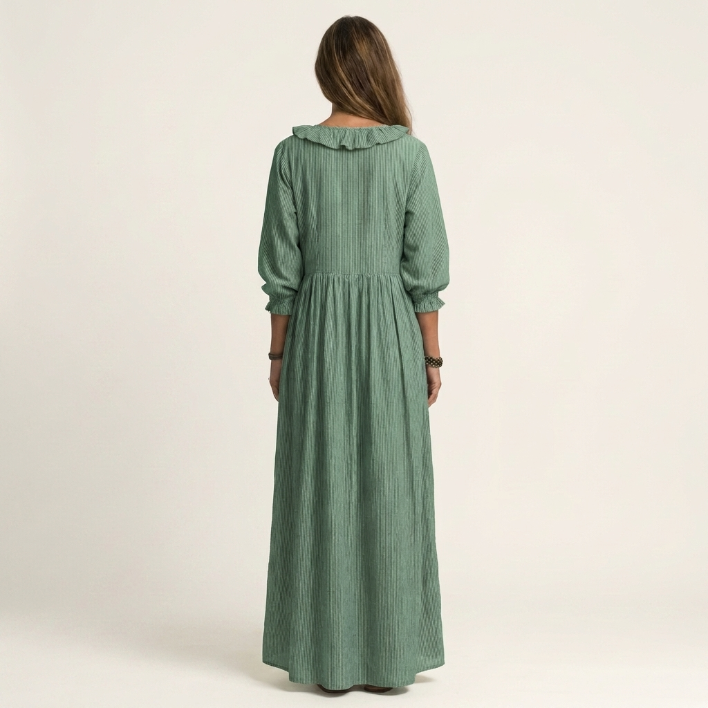 Yosetta | Ruffle Scollo a V a Righe Lantern-Sleeve Maxi Abito