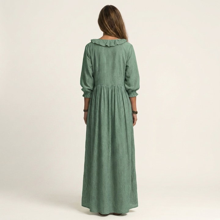 Yosetta | Ruffle Scollo a V a Righe Lantern-Sleeve Maxi Abito