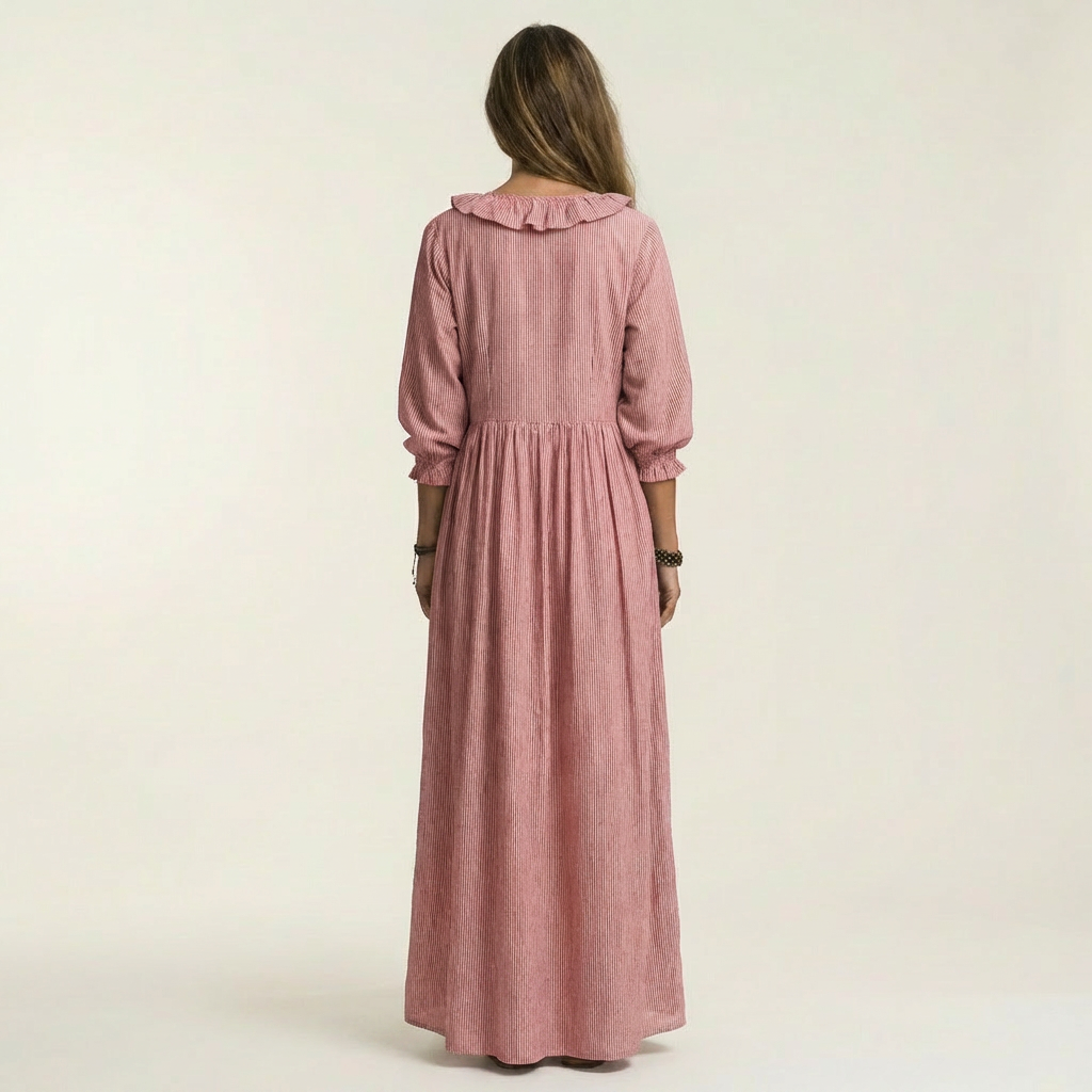 Yosetta | Ruffle Scollo a V a Righe Lantern-Sleeve Maxi Abito