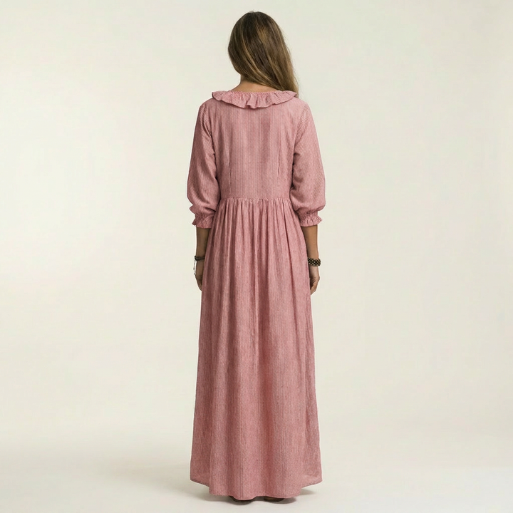 Yosetta | Ruffle Scollo a V a Righe Lantern-Sleeve Maxi Abito