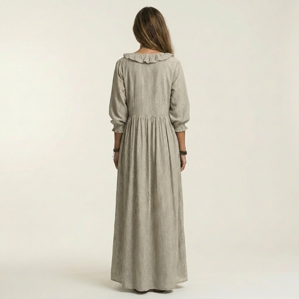 Yosetta | Ruffle Scollo a V a Righe Lantern-Sleeve Maxi Abito