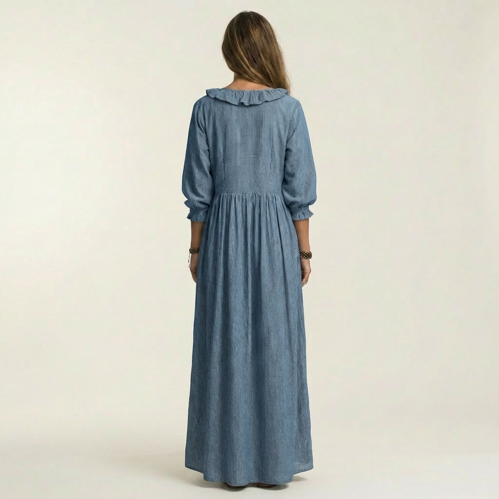 Yosetta | Ruffle Scollo a V a Righe Lantern-Sleeve Maxi Abito