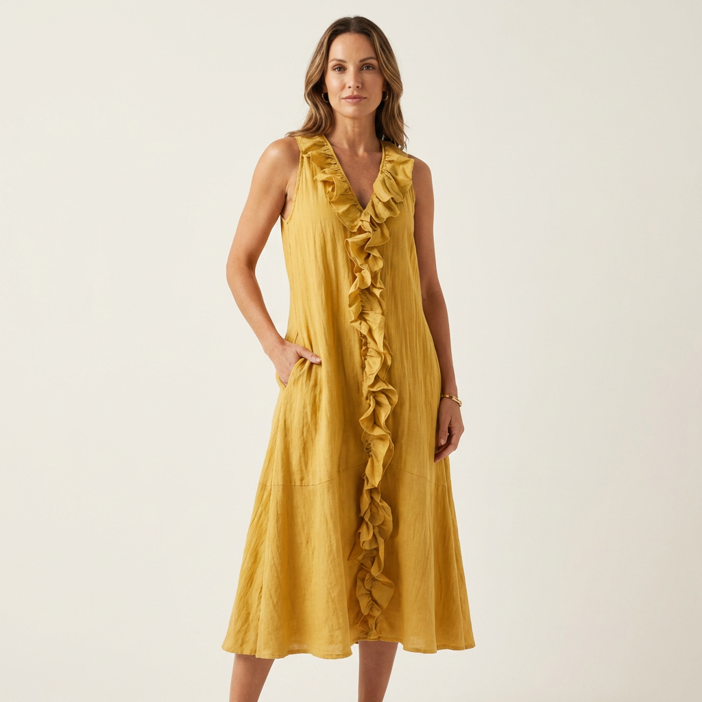 Vicky | Ruffle-Front Scollo a V Senza Maniche Maxi Abito
