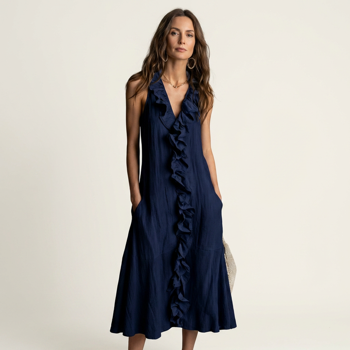 Vicky | Ruffle-Front Scollo a V Senza Maniche Maxi Abito