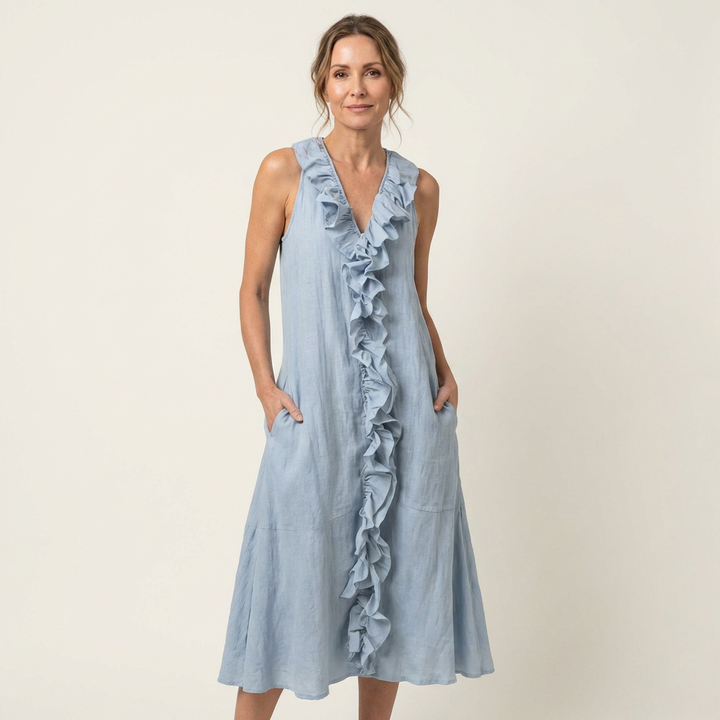 Vicky | Ruffle-Front Scollo a V Senza Maniche Maxi Abito