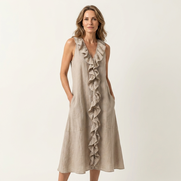 Vicky | Ruffle-Front Scollo a V Senza Maniche Maxi Abito