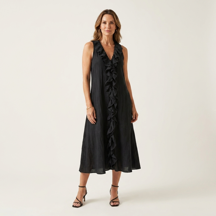 Vicky | Ruffle-Front Scollo a V Senza Maniche Maxi Abito