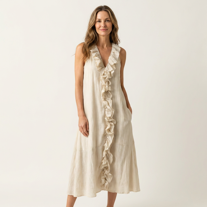 Vicky | Ruffle-Front Scollo a V Senza Maniche Maxi Abito