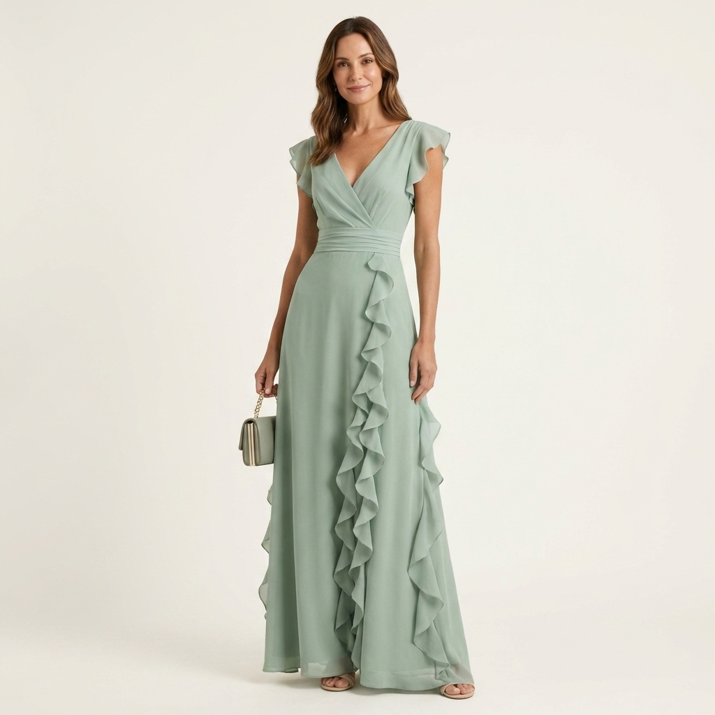 Nellyana | Wrap-Style Scollo a V Flutter-Sleeve Cascading Ruffle Maxi Abito
