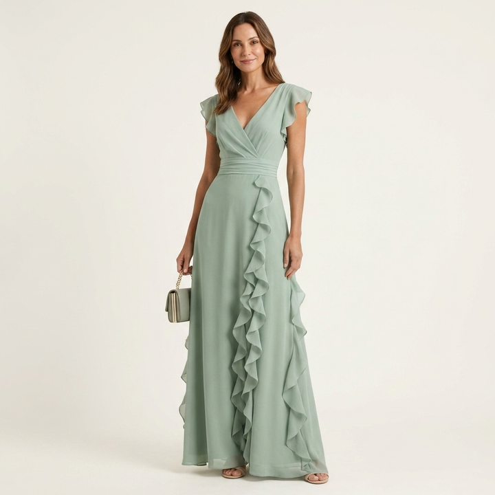 Nellyana | Wrap-Style Scollo a V Flutter-Sleeve Cascading Ruffle Maxi Abito
