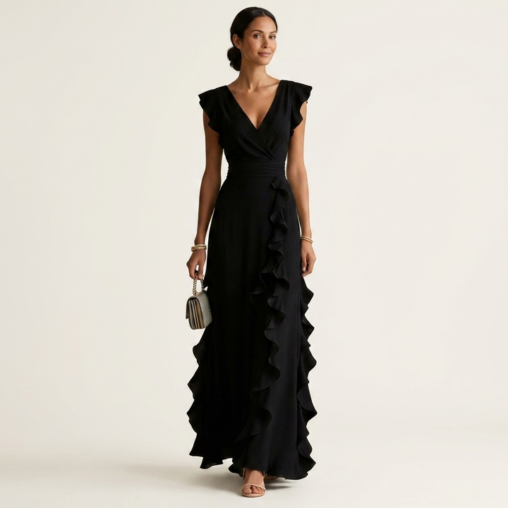Nellyana | Wrap-Style Scollo a V Flutter-Sleeve Cascading Ruffle Maxi Abito