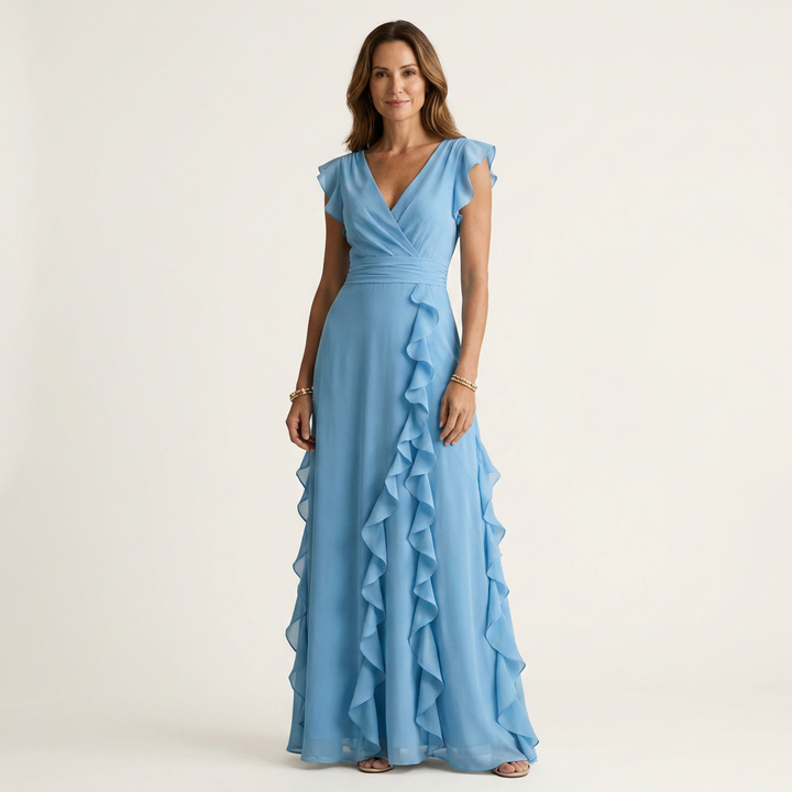 Nellyana | Wrap-Style Scollo a V Flutter-Sleeve Cascading Ruffle Maxi Abito