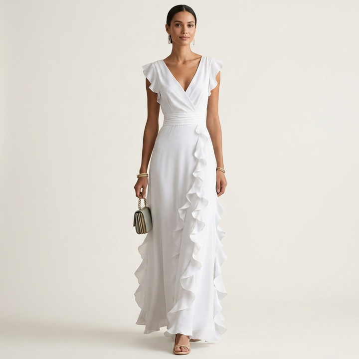 Nellyana | Wrap-Style Scollo a V Flutter-Sleeve Cascading Ruffle Maxi Abito