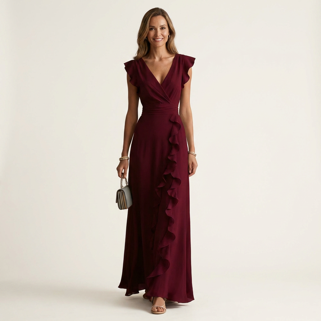 Nellyana | Wrap-Style Scollo a V Flutter-Sleeve Cascading Ruffle Maxi Abito