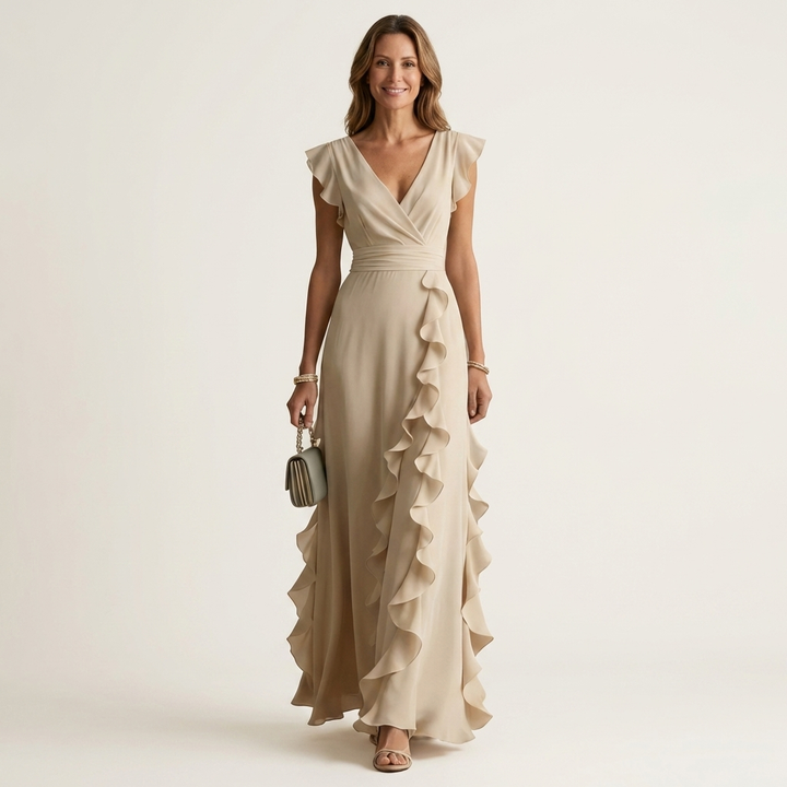 Nellyana | Wrap-Style Scollo a V Flutter-Sleeve Cascading Ruffle Maxi Abito