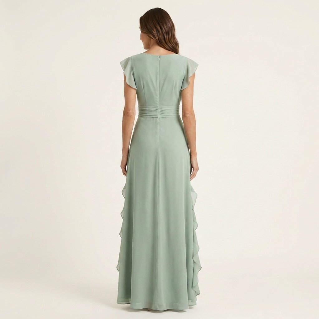 Nellyana | Wrap-Style Scollo a V Flutter-Sleeve Cascading Ruffle Maxi Abito