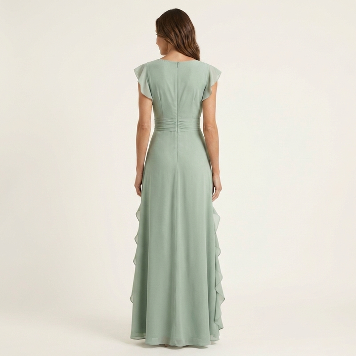 Nellyana | Wrap-Style Scollo a V Flutter-Sleeve Cascading Ruffle Maxi Abito