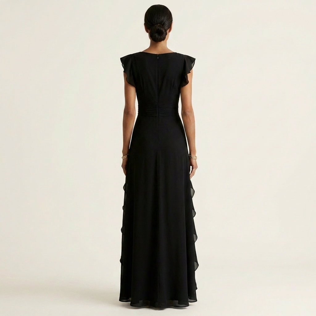 Nellyana | Wrap-Style Scollo a V Flutter-Sleeve Cascading Ruffle Maxi Abito