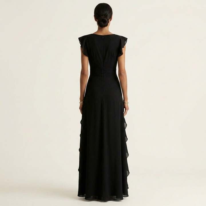 Nellyana | Wrap-Style Scollo a V Flutter-Sleeve Cascading Ruffle Maxi Abito