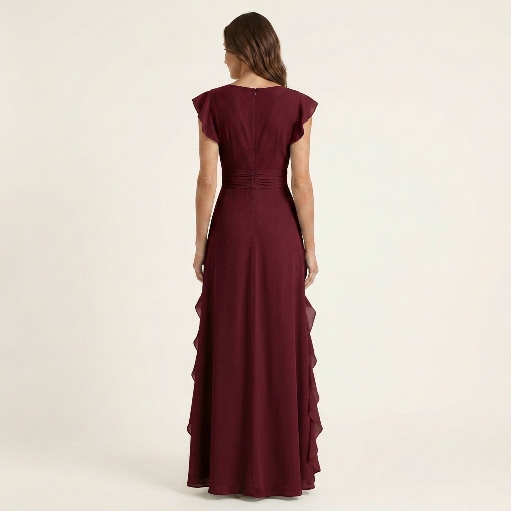 Nellyana | Wrap-Style Scollo a V Flutter-Sleeve Cascading Ruffle Maxi Abito