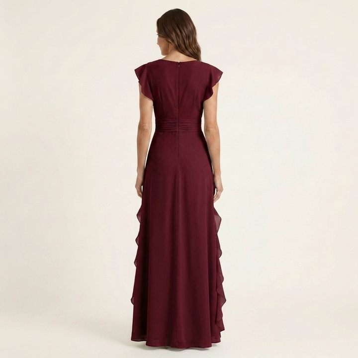 Nellyana | Wrap-Style Scollo a V Flutter-Sleeve Cascading Ruffle Maxi Abito