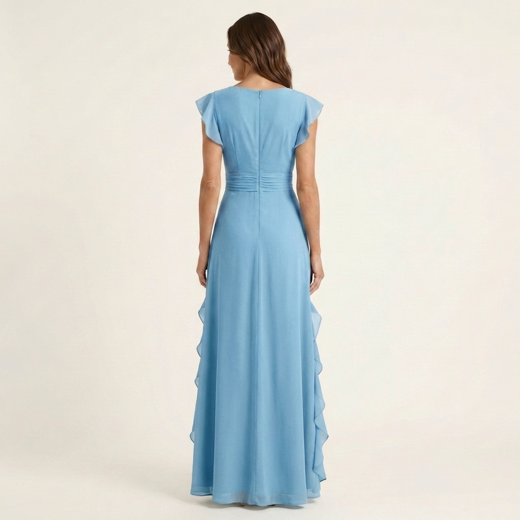 Nellyana | Wrap-Style Scollo a V Flutter-Sleeve Cascading Ruffle Maxi Abito