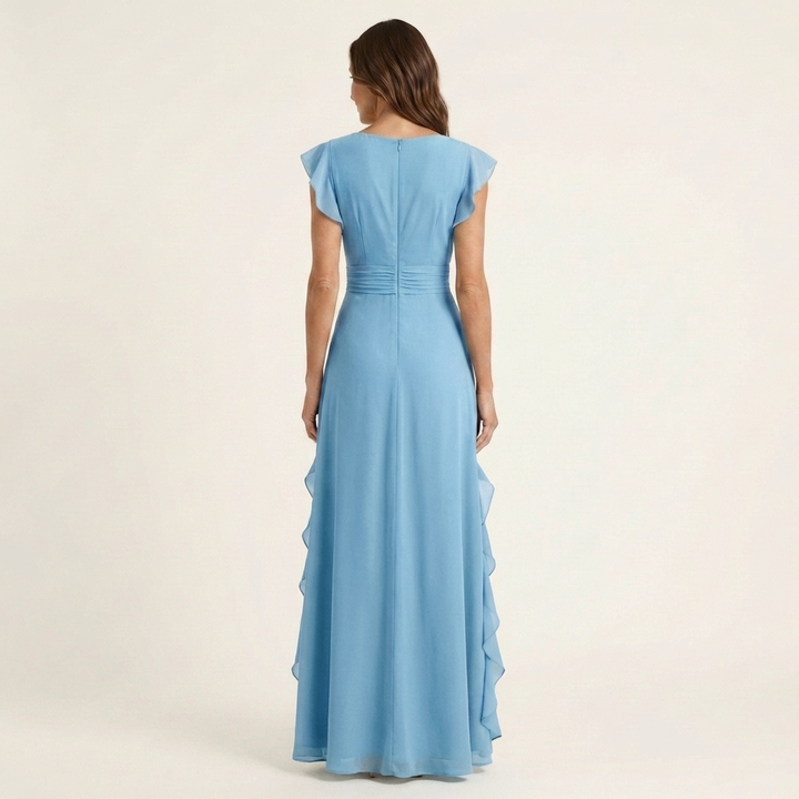 Nellyana | Wrap-Style Scollo a V Flutter-Sleeve Cascading Ruffle Maxi Abito