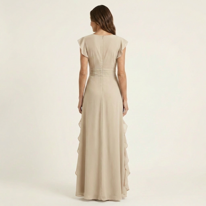 Nellyana | Wrap-Style Scollo a V Flutter-Sleeve Cascading Ruffle Maxi Abito