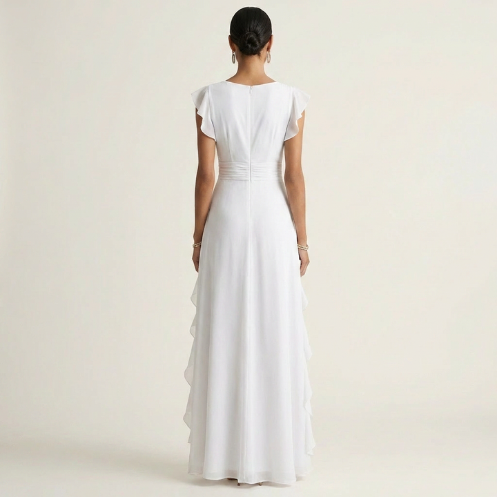 Nellyana | Wrap-Style Scollo a V Flutter-Sleeve Cascading Ruffle Maxi Abito