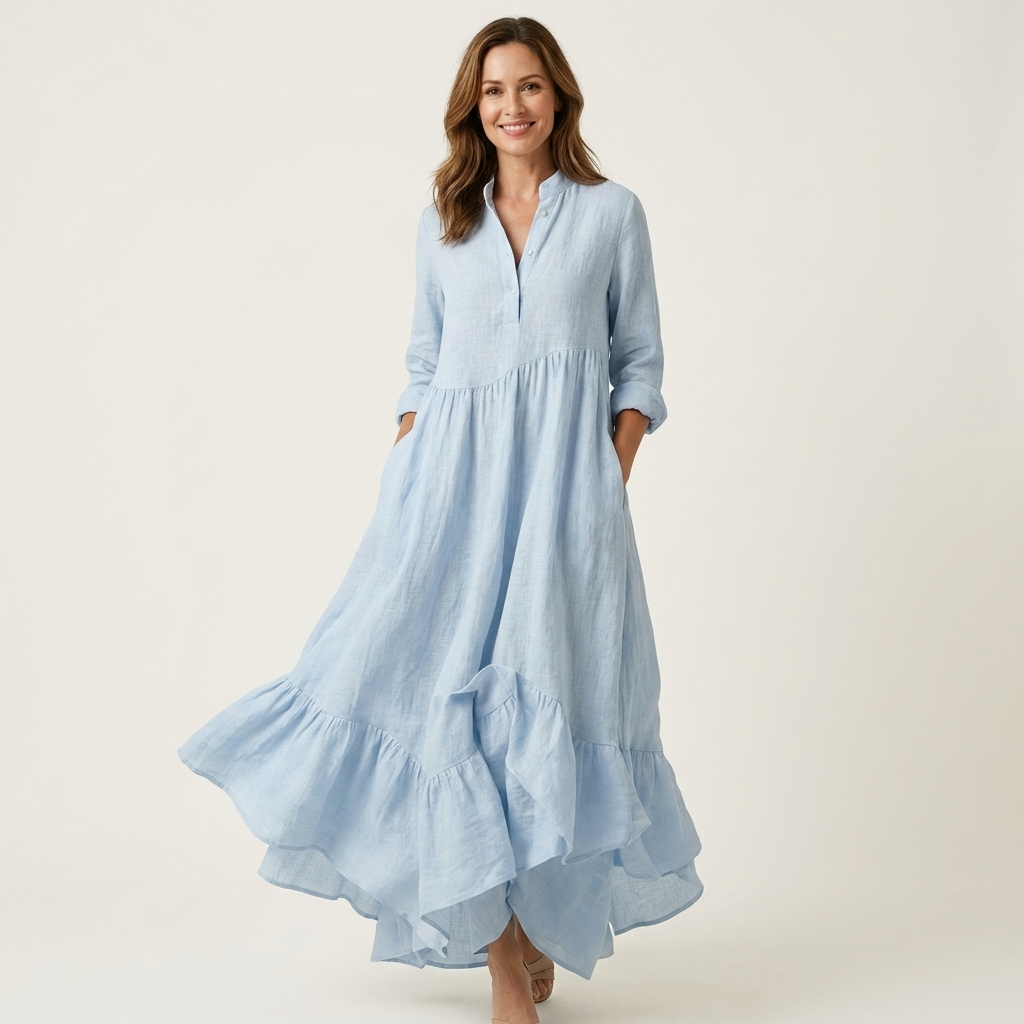 Jilana | Stand-Collar Button-Front Ruffle Hem Maxi Abito