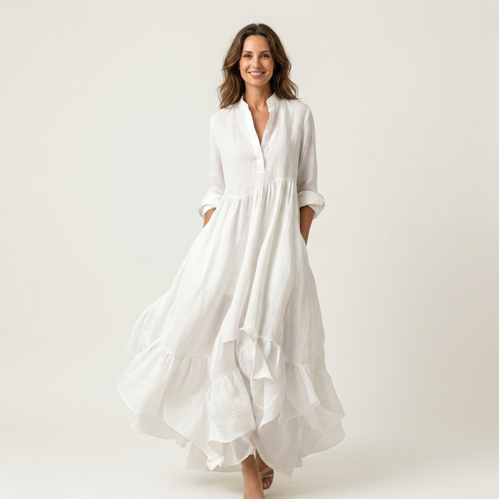 Jilana | Stand-Collar Button-Front Ruffle Hem Maxi Abito
