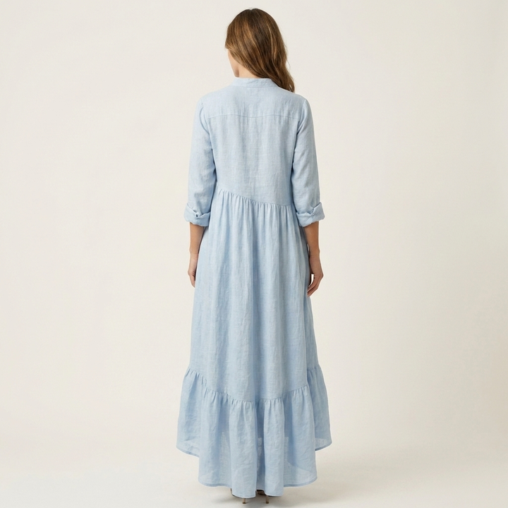 Jilana | Stand-Collar Button-Front Ruffle Hem Maxi Abito