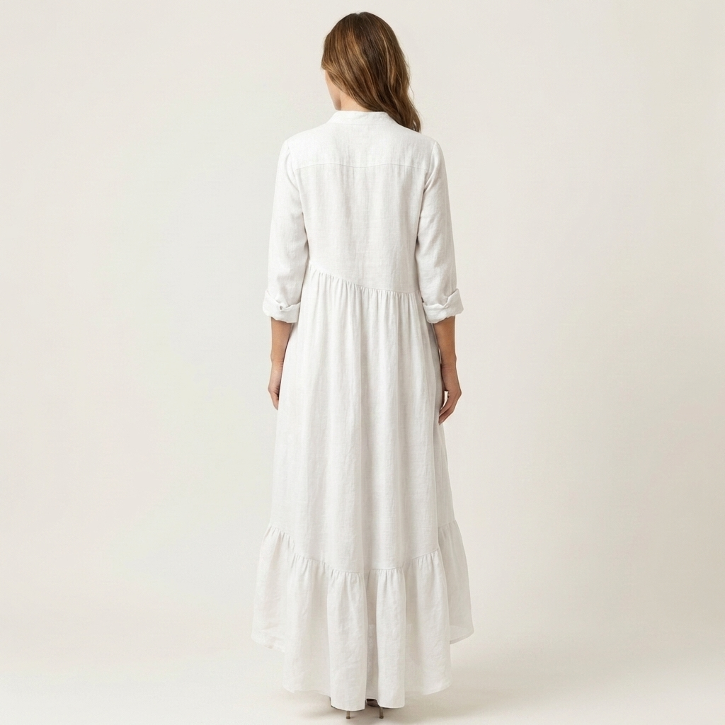 Jilana | Stand-Collar Button-Front Ruffle Hem Maxi Abito