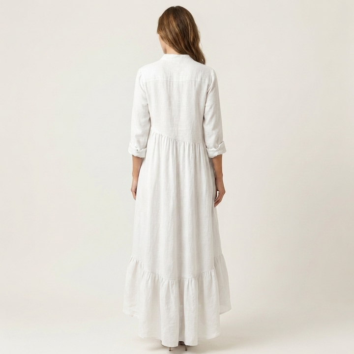 Jilana | Stand-Collar Button-Front Ruffle Hem Maxi Abito