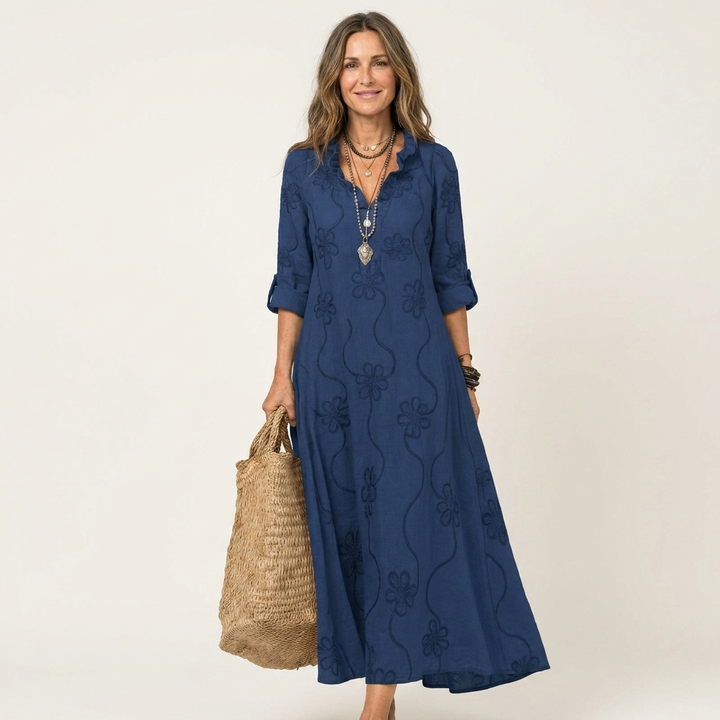 Mariam | Cotone-Lino Maxi Abito with Tonal Floreale Embroidery