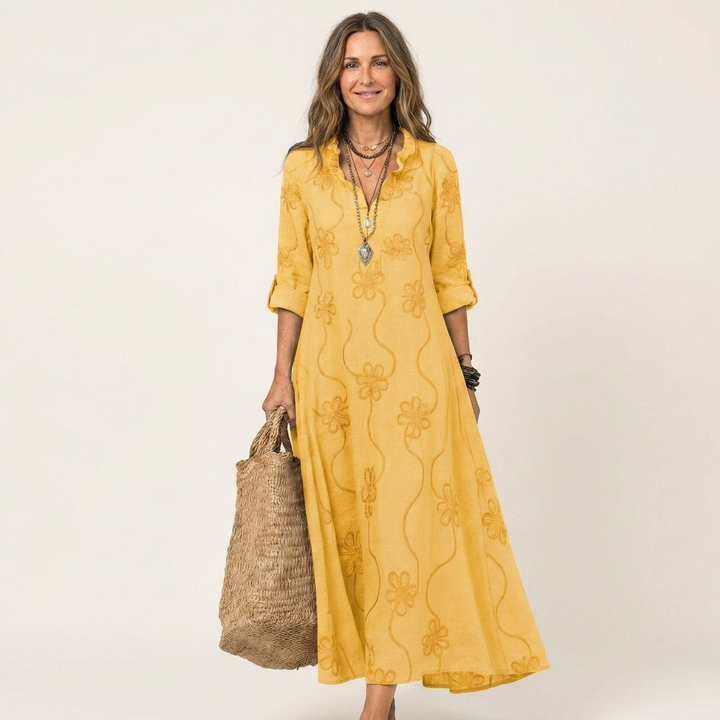 Mariam | Cotone-Lino Maxi Abito with Tonal Floreale Embroidery