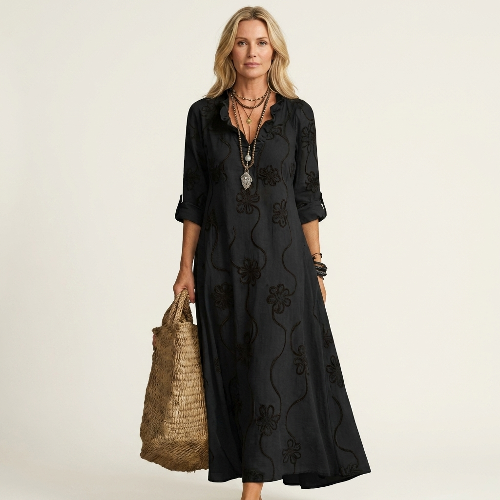 Mariam | Cotone-Lino Maxi Abito with Tonal Floreale Embroidery