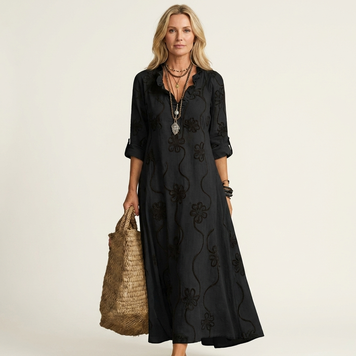 Mariam | Cotone-Lino Maxi Abito with Tonal Floreale Embroidery