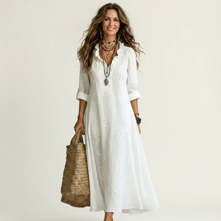 Mariam | Cotone-Lino Maxi Abito with Tonal Floreale Embroidery