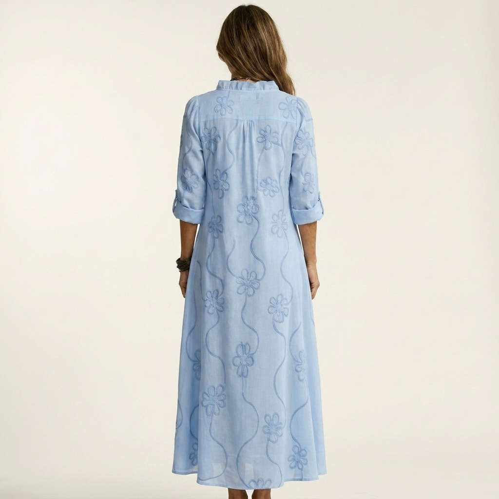 Mariam | Cotone-Lino Maxi Abito with Tonal Floreale Embroidery