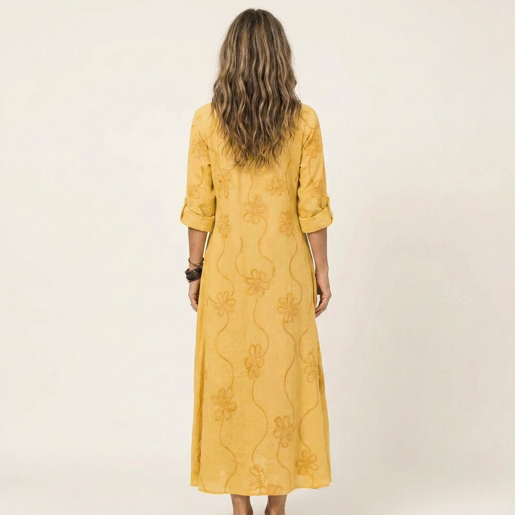 Mariam | Cotone-Lino Maxi Abito with Tonal Floreale Embroidery