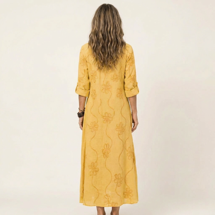 Mariam | Cotone-Lino Maxi Abito with Tonal Floreale Embroidery