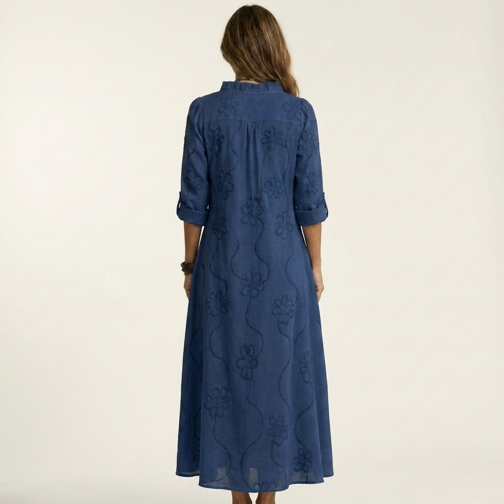 Mariam | Cotone-Lino Maxi Abito with Tonal Floreale Embroidery