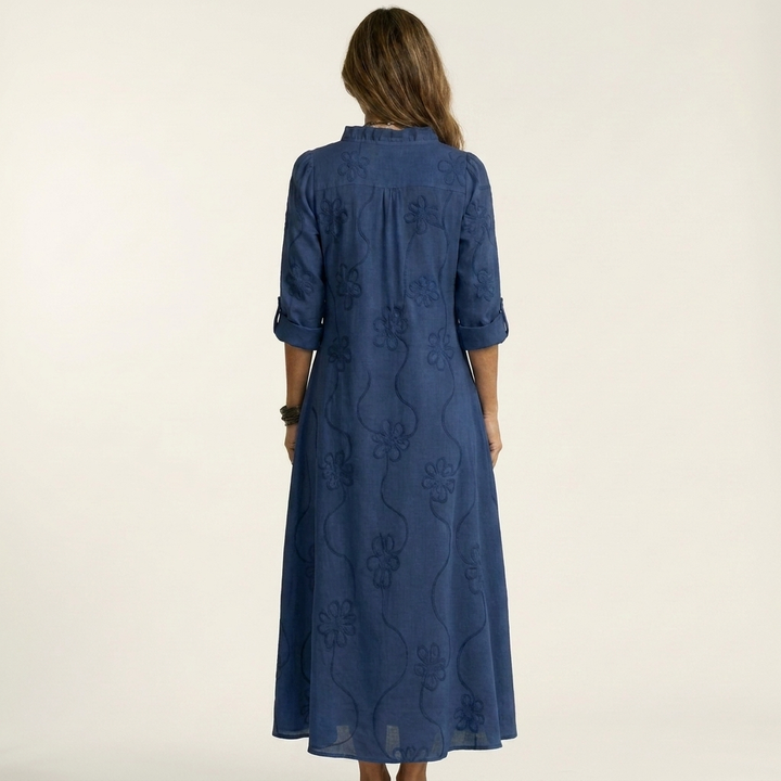 Mariam | Cotone-Lino Maxi Abito with Tonal Floreale Embroidery