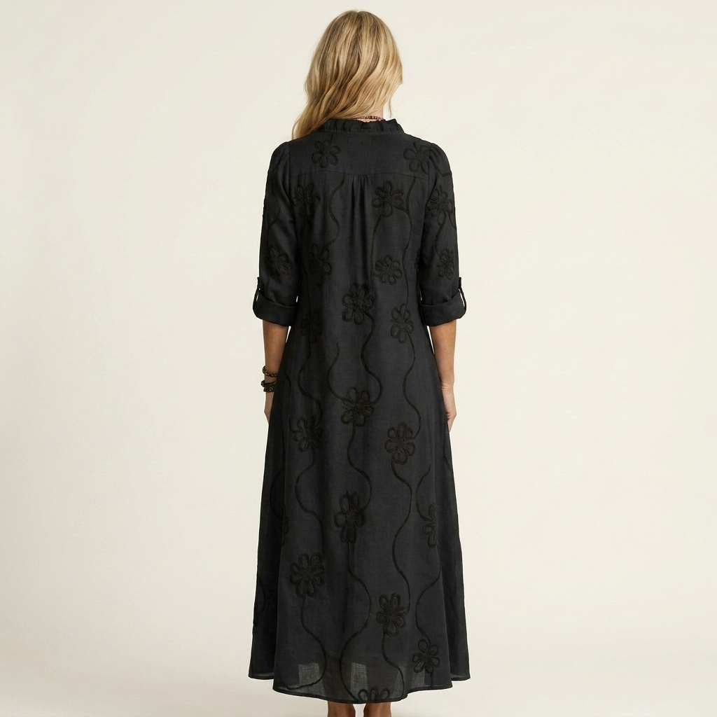 Mariam | Cotone-Lino Maxi Abito with Tonal Floreale Embroidery