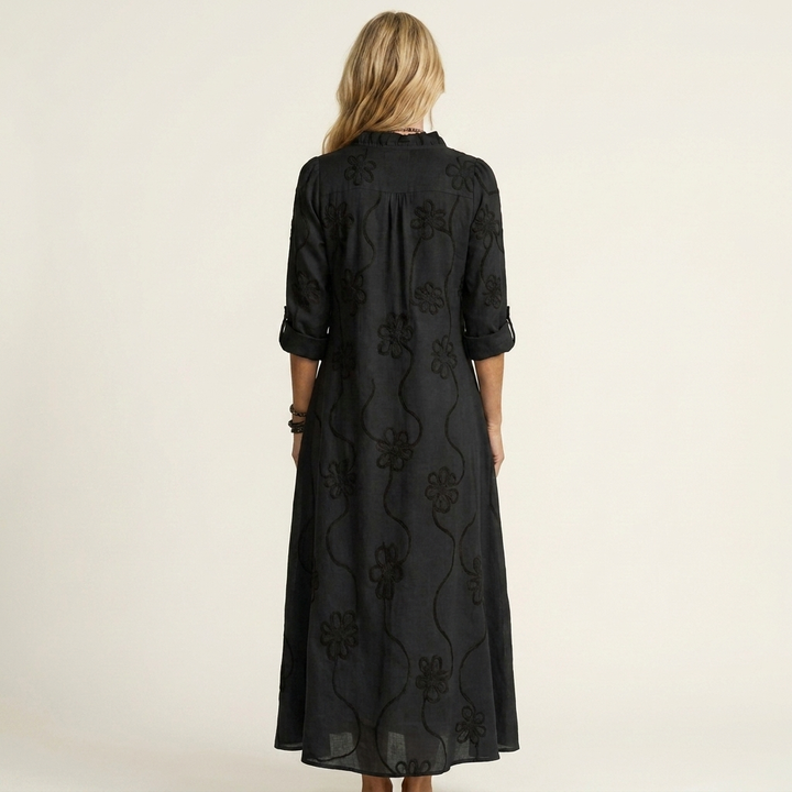 Mariam | Cotone-Lino Maxi Abito with Tonal Floreale Embroidery