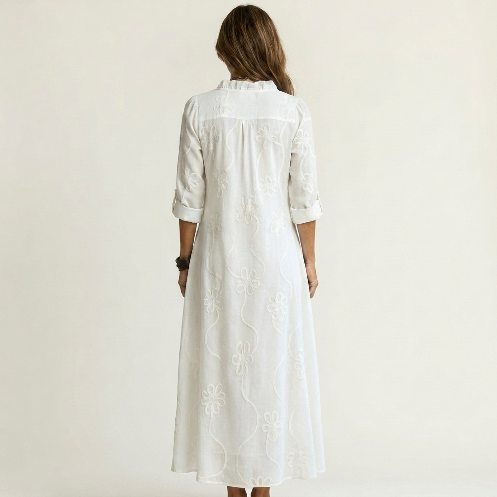 Mariam | Cotone-Lino Maxi Abito with Tonal Floreale Embroidery