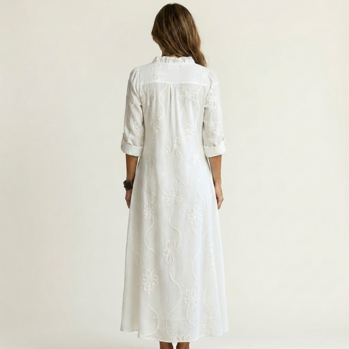 Mariam | Cotone-Lino Maxi Abito with Tonal Floreale Embroidery