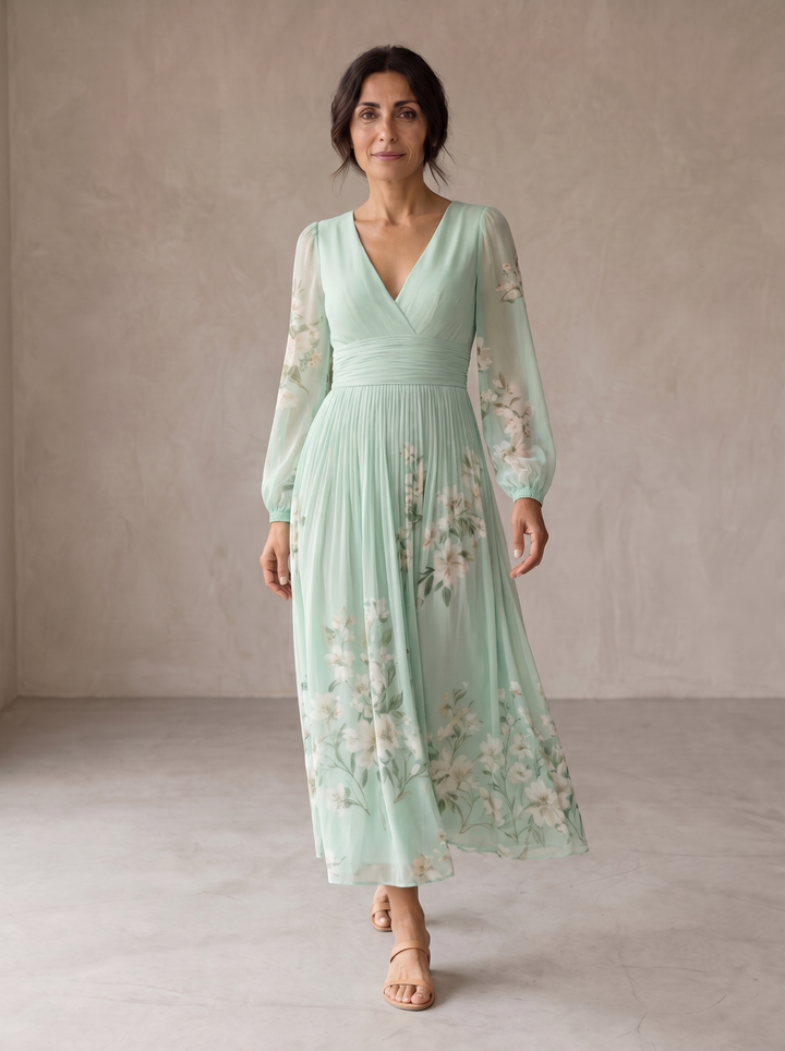 Evie | Leggero Verde Floreale Midi Abito