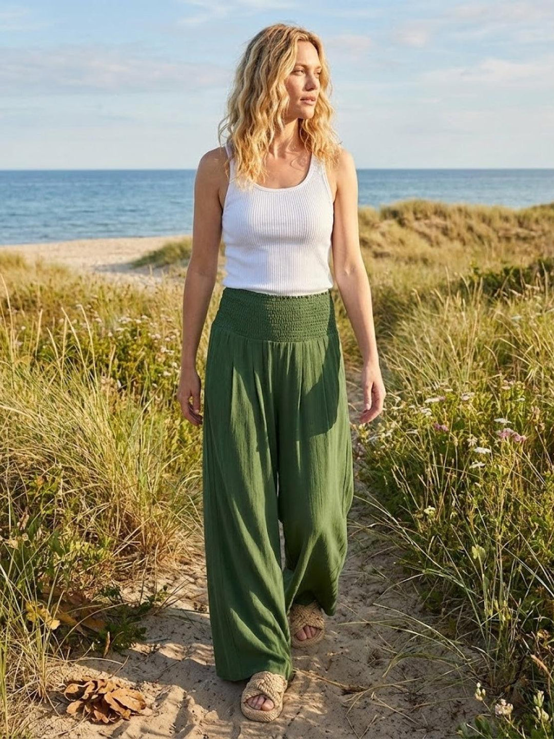 Sorrel | Morbido Shirred Waist Gamba Larga Pantaloni